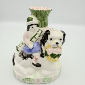 Girl with dog "Wally" Made in Japan porcelain bud vase VTG 1950 Unique Whimsical